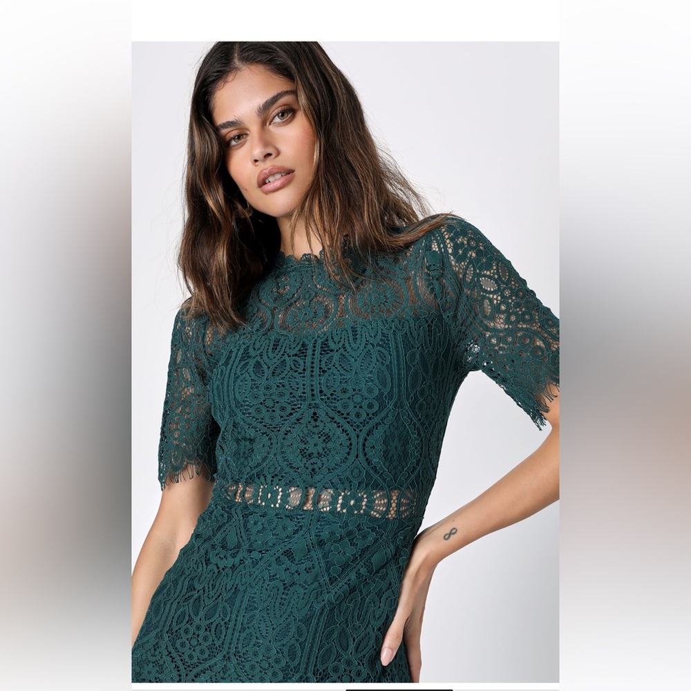 LULUS Remarkable Forest Green Sheer Lace Short Sleeve Mini Dress - Picture 8 of 15